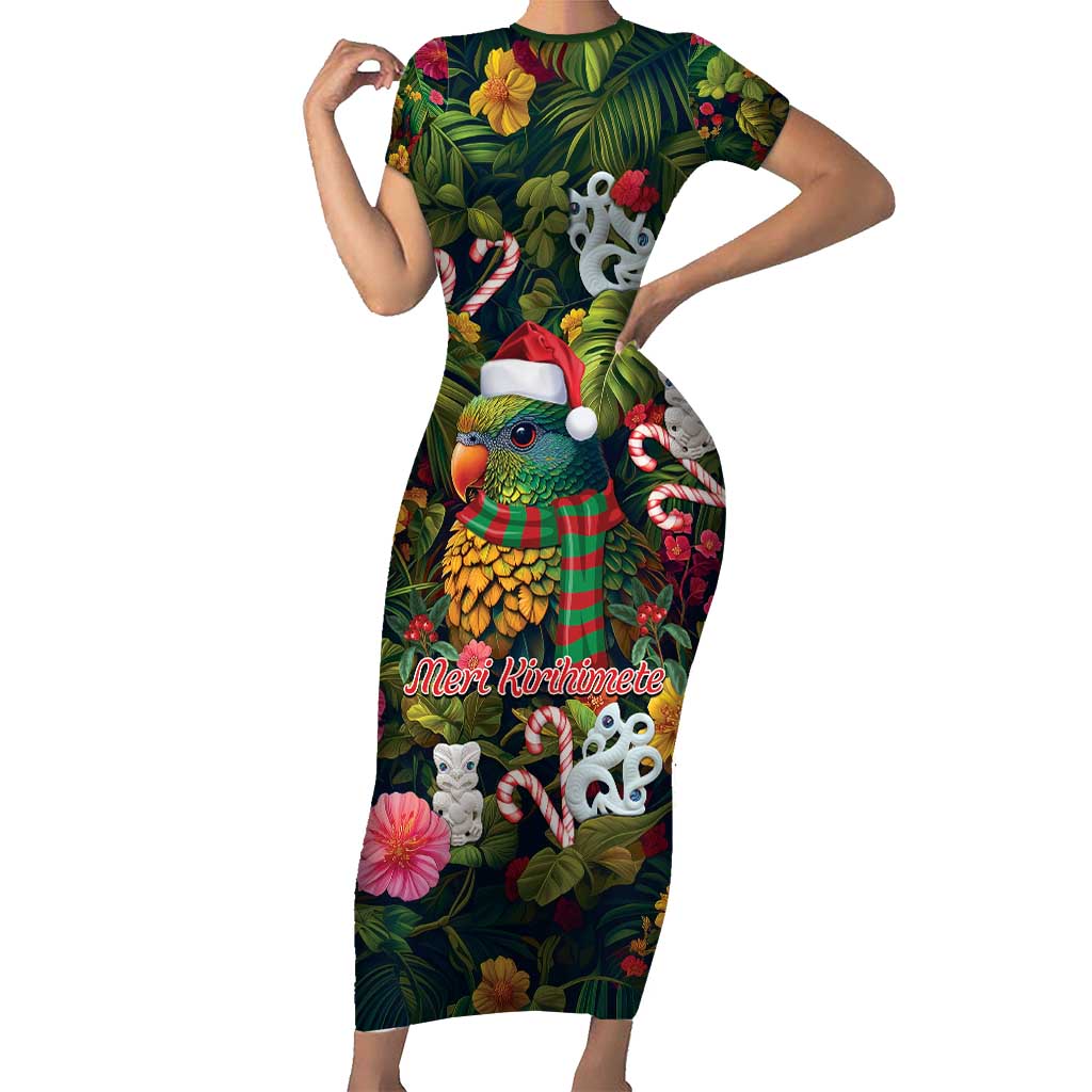 Meri Kirihimete Kakapo Santa Family Matching Short Sleeve Bodycon Dress and Hawaiian Shirt Merry Christmas with Tropical Vibe
