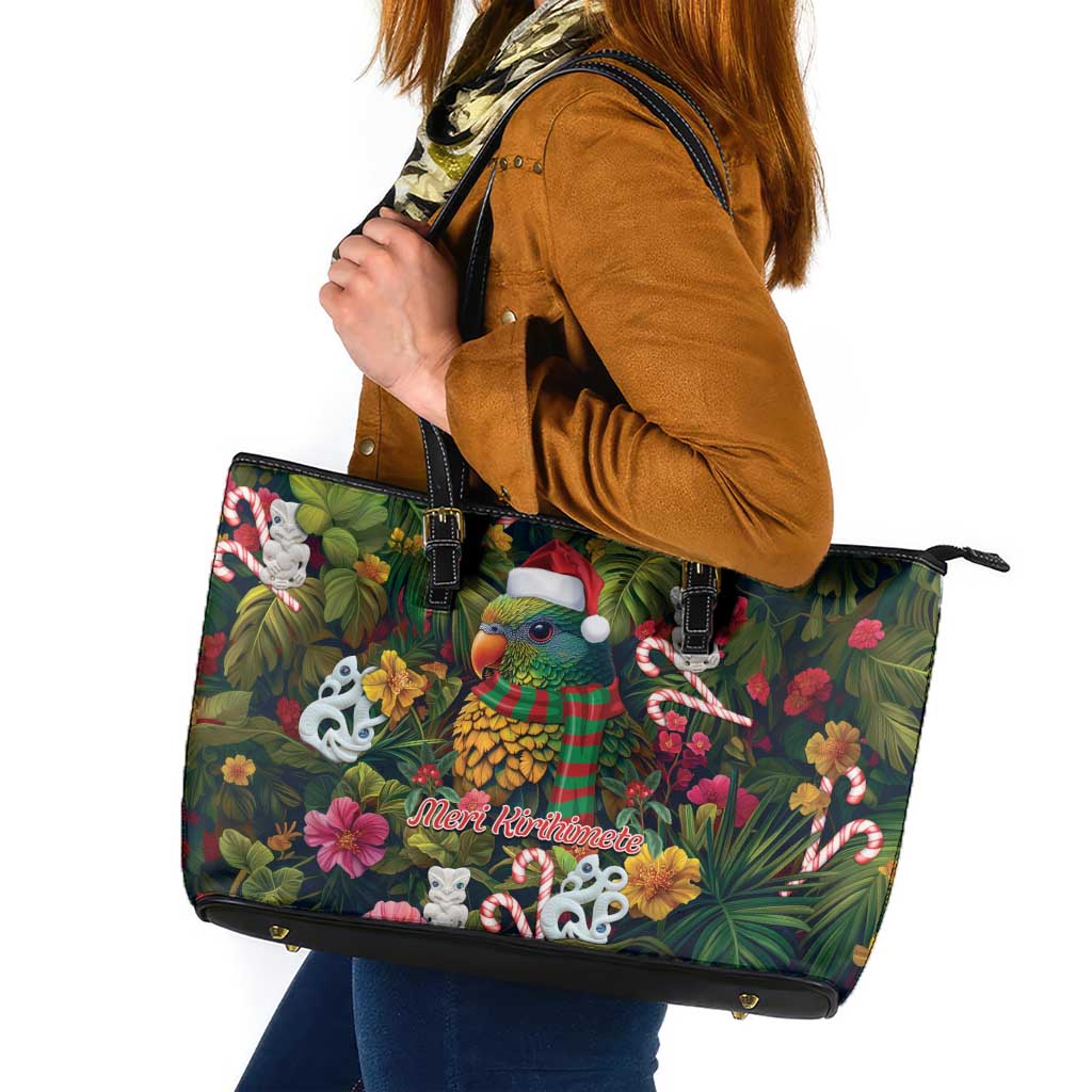 Meri Kirihimete Kakapo Santa Leather Tote Bag Merry Christmas with Tropical Vibe LT9 Green - Polynesian Pride