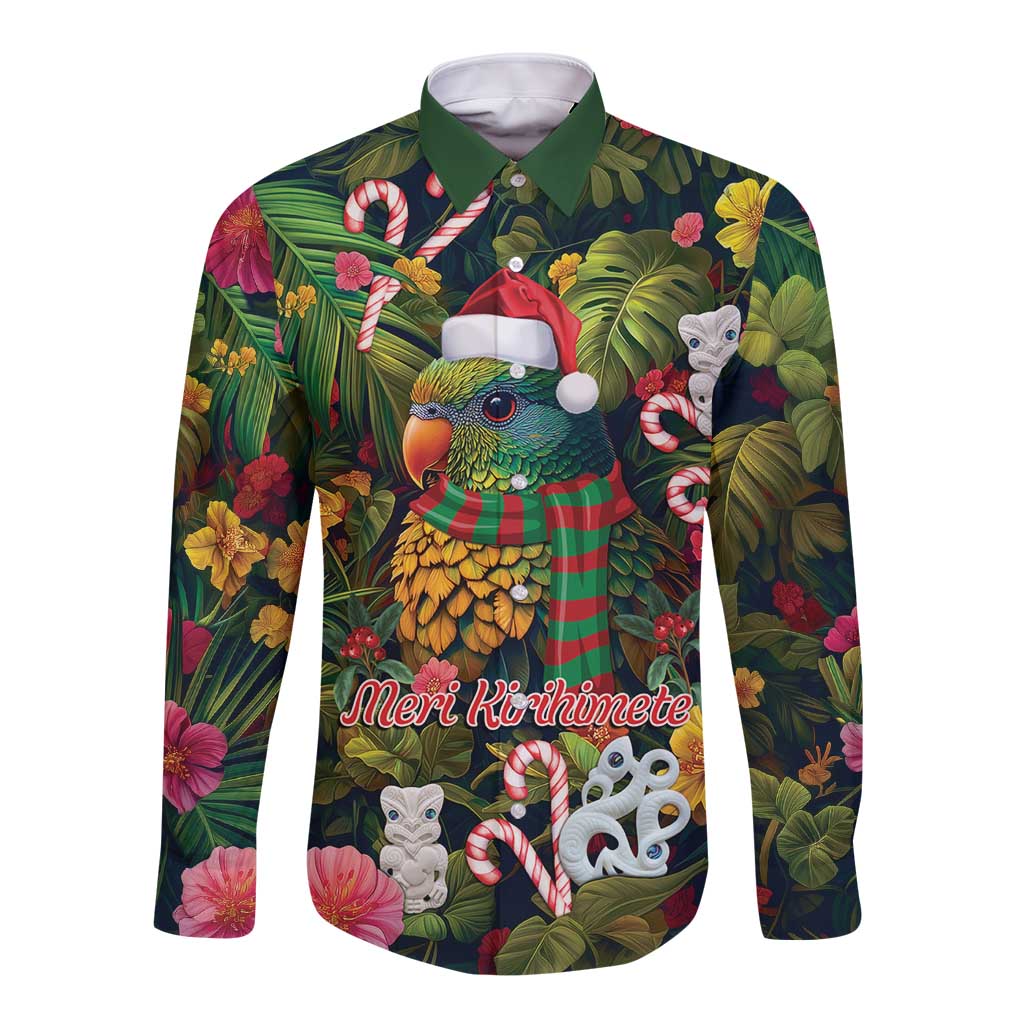 Meri Kirihimete Kakapo Santa Long Sleeve Button Shirt Merry Christmas with Tropical Vibe LT9 Unisex Green - Polynesian Pride