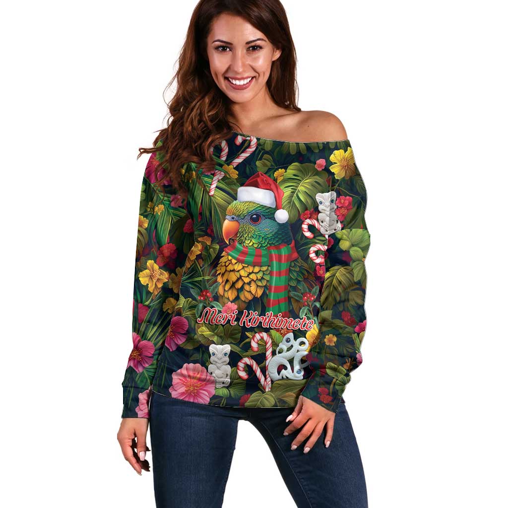 Meri Kirihimete Kakapo Santa Off Shoulder Sweater Merry Christmas with Tropical Vibe LT9 Women Green - Polynesian Pride
