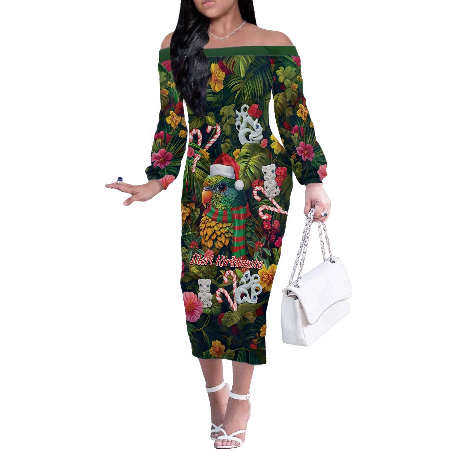 Meri Kirihimete Kakapo Santa Off The Shoulder Long Sleeve Dress Merry Christmas with Tropical Vibe LT9 Women Green - Polynesian Pride