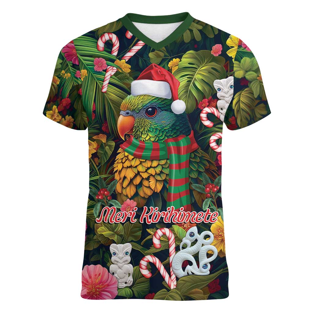 Meri Kirihimete Kakapo Santa Women V-Neck T-Shirt Merry Christmas with Tropical Vibe