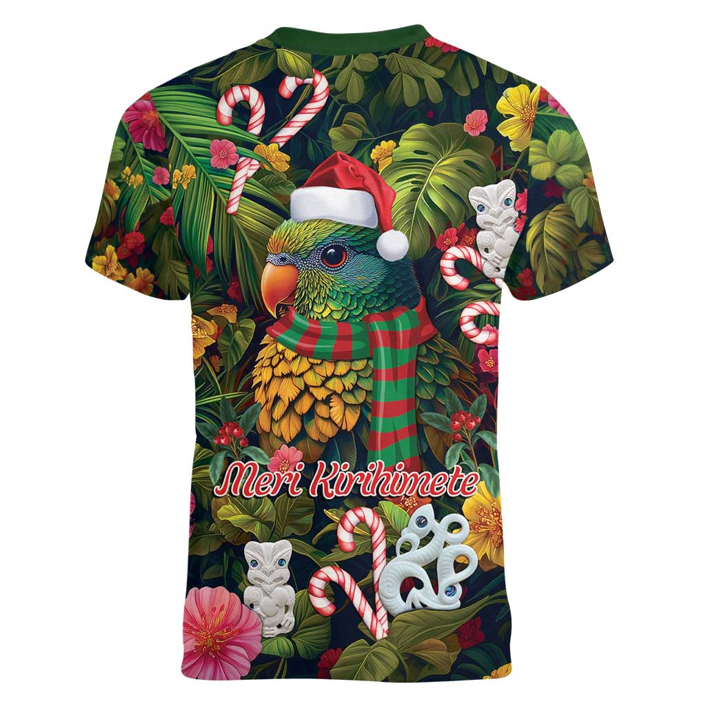 Meri Kirihimete Kakapo Santa Women V-Neck T-Shirt Merry Christmas with Tropical Vibe