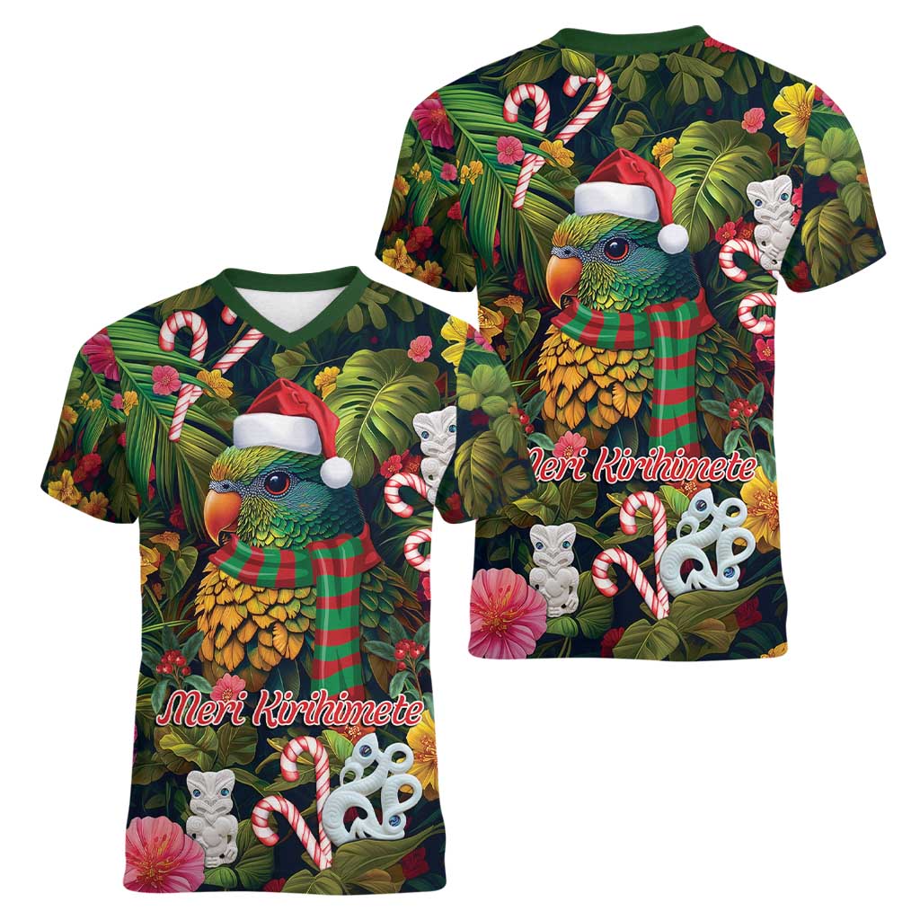 Meri Kirihimete Kakapo Santa Women V-Neck T-Shirt Merry Christmas with Tropical Vibe