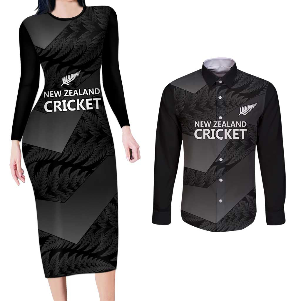 New Zealand Cricket Custom Couples Matching Long Sleeve Bodycon Dress and Long Sleeve Button Shirt Potae Pango Black Fern Pattern LT9 Black - Polynesian Pride