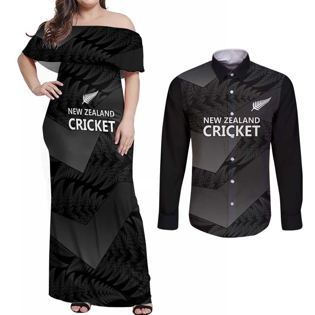 New Zealand Cricket Custom Couples Matching Off Shoulder Maxi Dress and Long Sleeve Button Shirt Potae Pango Black Fern Pattern LT9 Black - Polynesian Pride