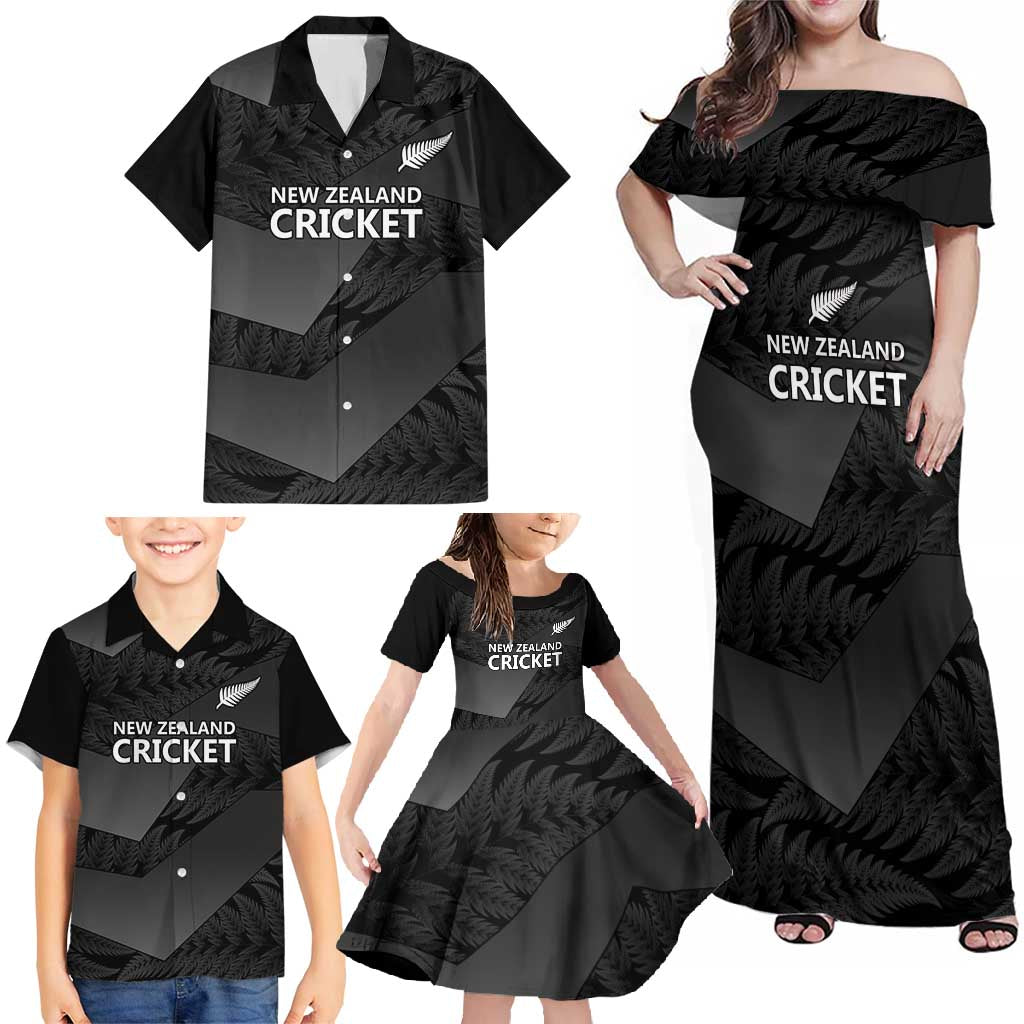 New Zealand Cricket Custom Family Matching Off Shoulder Maxi Dress and Hawaiian Shirt Potae Pango Black Fern Pattern LT9 - Polynesian Pride