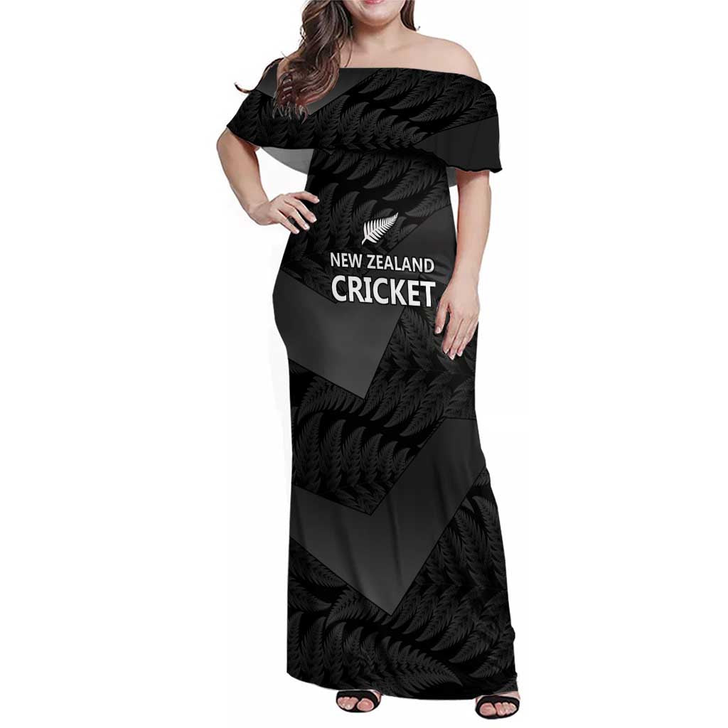 New Zealand Cricket Custom Family Matching Off Shoulder Maxi Dress and Hawaiian Shirt Potae Pango Black Fern Pattern LT9 Mom's Dress Black - Polynesian Pride