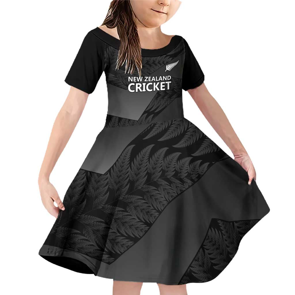 New Zealand Cricket Custom Family Matching Off Shoulder Short Dress and Hawaiian Shirt Potae Pango Black Fern Pattern LT9 Daughter's Dress Black - Polynesian Pride