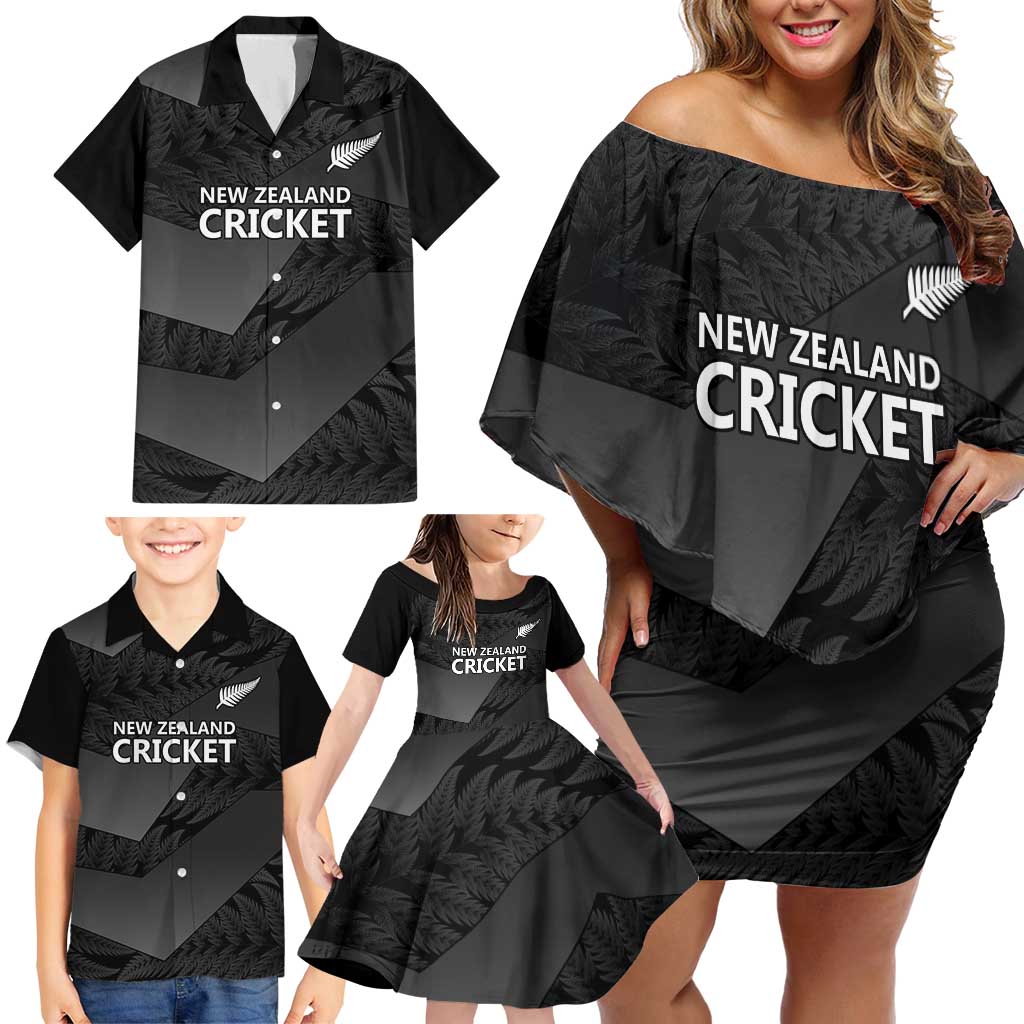 New Zealand Cricket Custom Family Matching Off Shoulder Short Dress and Hawaiian Shirt Potae Pango Black Fern Pattern LT9 - Polynesian Pride
