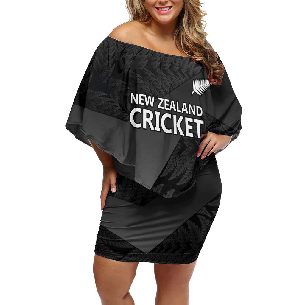 New Zealand Cricket Custom Off Shoulder Short Dress Potae Pango Black Fern Pattern LT9 Women Black - Polynesian Pride