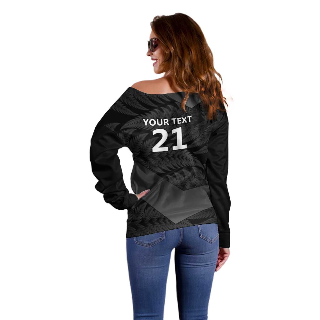 New Zealand Cricket Custom Off Shoulder Sweater Potae Pango Black Fern Pattern