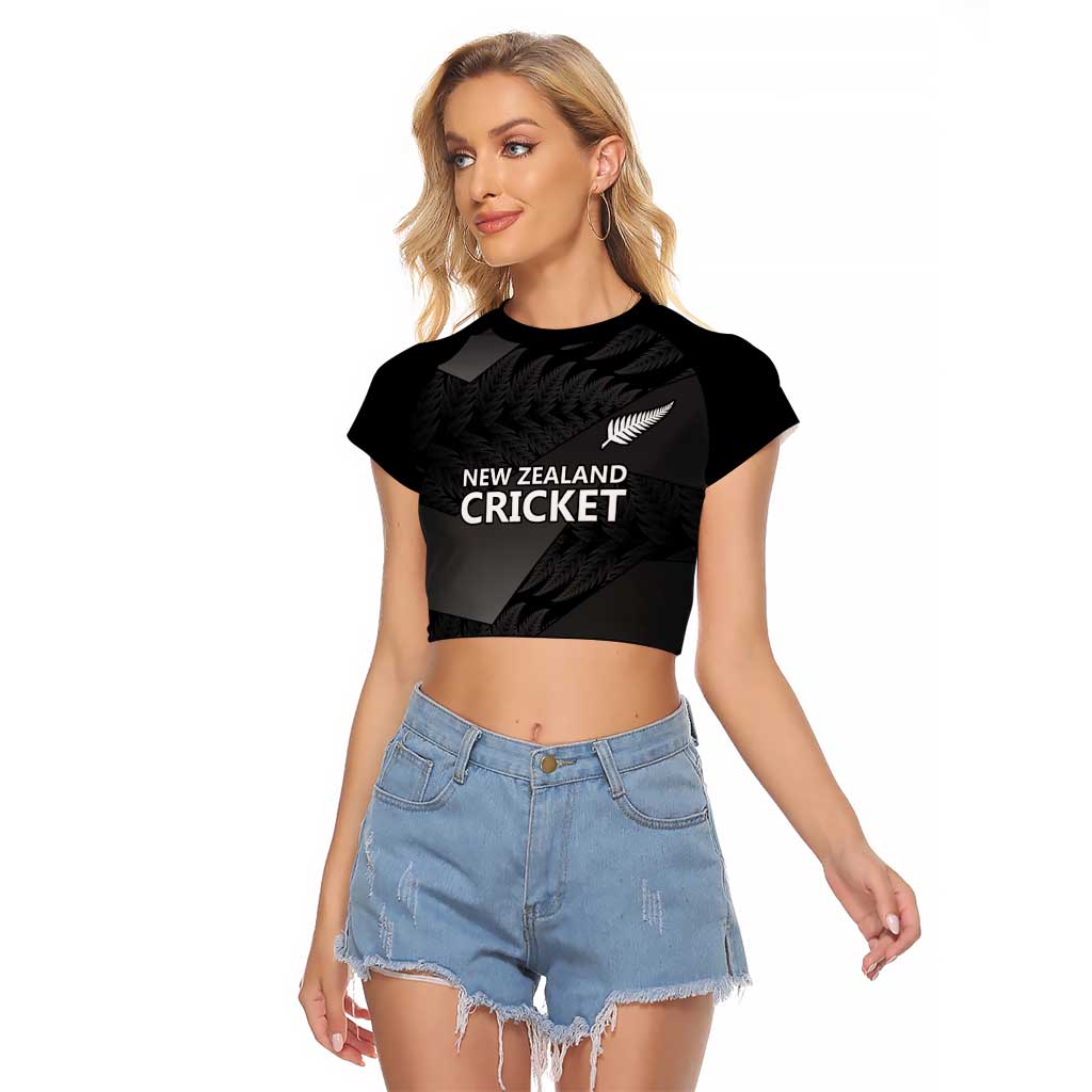 New Zealand Cricket Custom Raglan Cropped T Shirt Potae Pango Black Fern Pattern