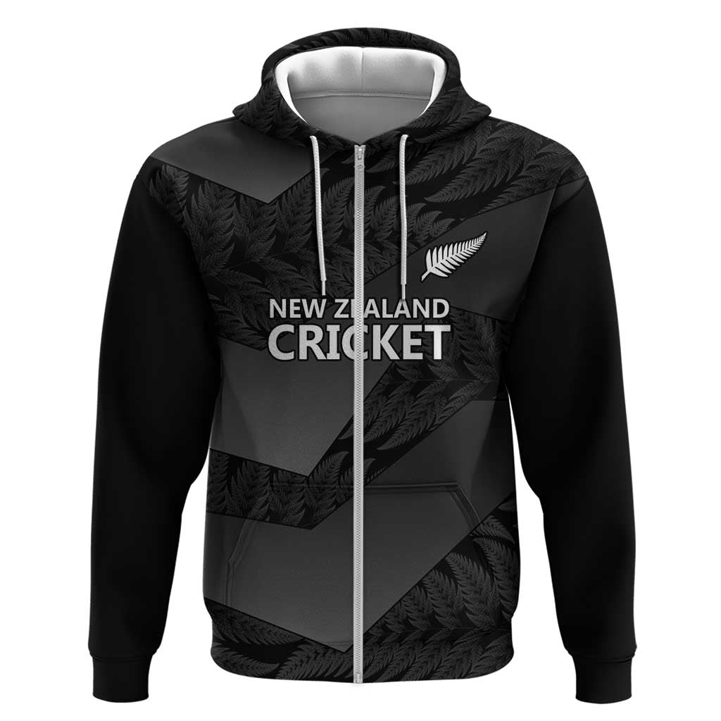 New Zealand Cricket Custom Zip Hoodie Potae Pango Black Fern Pattern LT9 Zip Hoodie Black - Polynesian Pride
