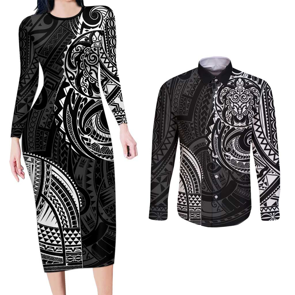 Polynesian Turtle Tribal Tattoo Couples Matching Long Sleeve Bodycon Dress and Long Sleeve Button Shirt Black Style LT9 Black - Polynesian Pride