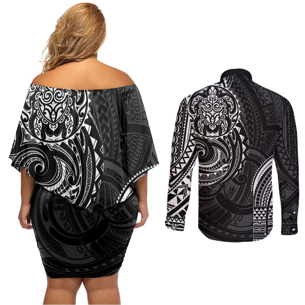 Polynesian Turtle Tribal Tattoo Couples Matching Off Shoulder Short Dress and Long Sleeve Button Shirt Black Style