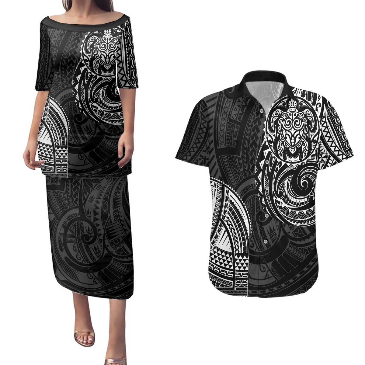 Polynesian Turtle Tribal Tattoo Couples Matching Puletasi and Hawaiian Shirt Black Style