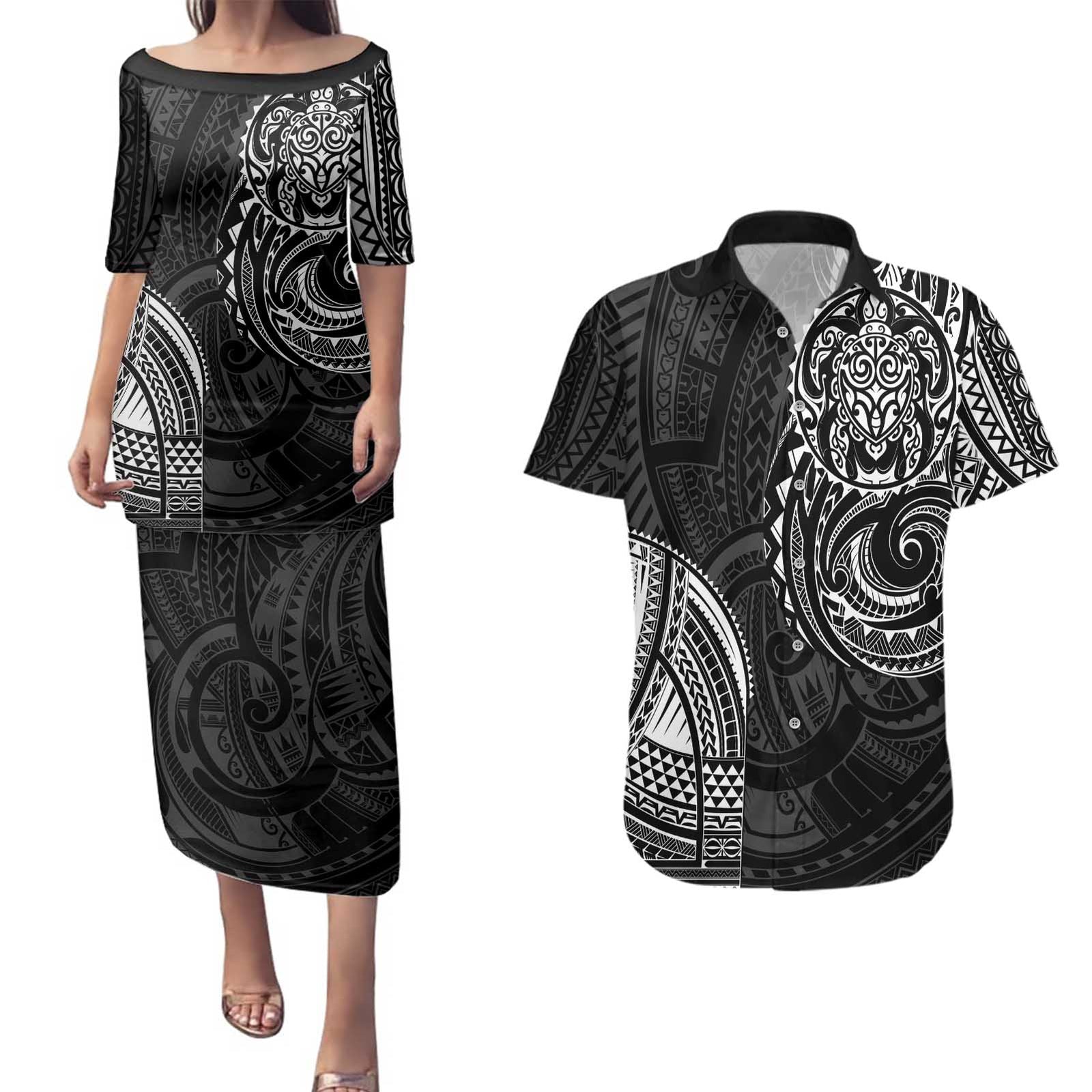 Polynesian Turtle Tribal Tattoo Couples Matching Puletasi and Hawaiian Shirt Black Style