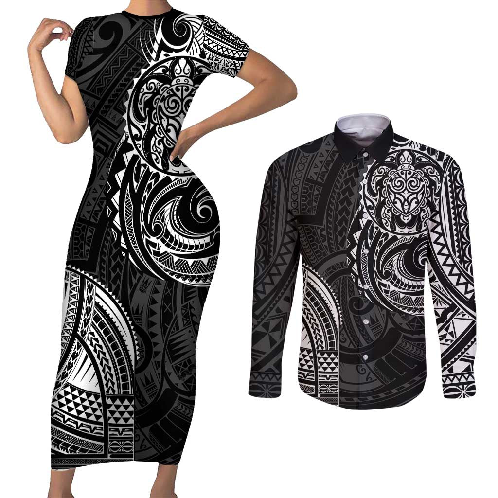 Polynesian Turtle Tribal Tattoo Couples Matching Short Sleeve Bodycon Dress and Long Sleeve Button Shirt Black Style