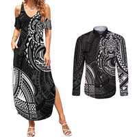 Polynesian Turtle Tribal Tattoo Couples Matching Summer Maxi Dress and Long Sleeve Button Shirt Black Style