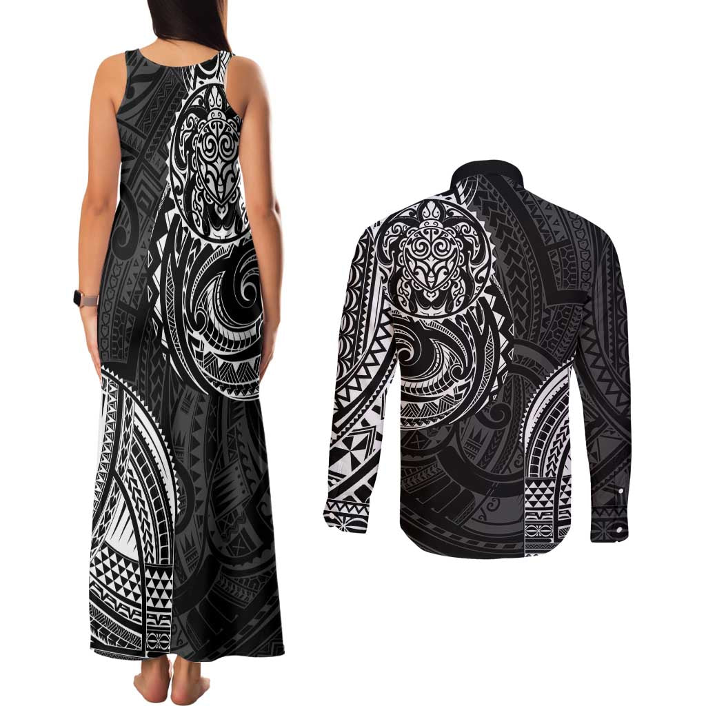 Polynesian Turtle Tribal Tattoo Couples Matching Tank Maxi Dress and Long Sleeve Button Shirt Black Style