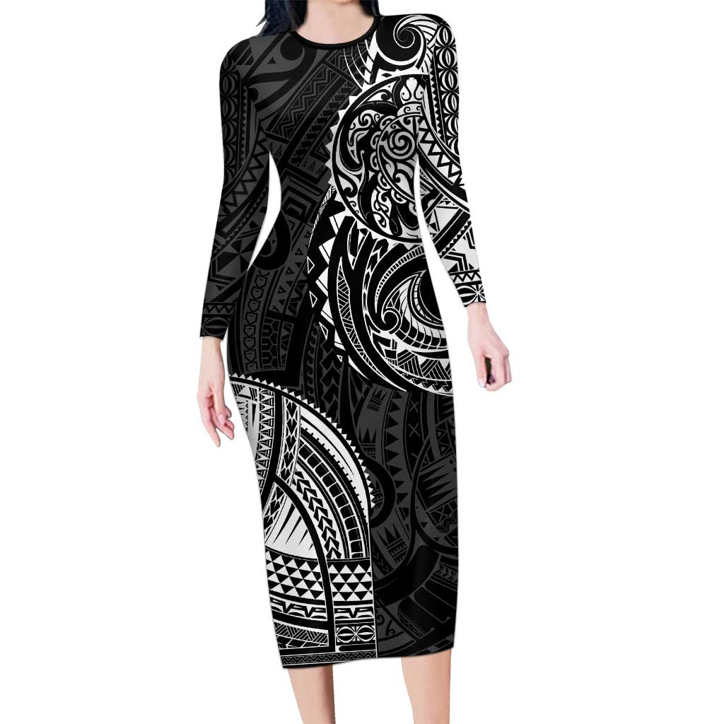 Polynesian Turtle Tribal Tattoo Family Matching Long Sleeve Bodycon Dress and Hawaiian Shirt Black Style LT9 Mom's Dress Black - Polynesian Pride