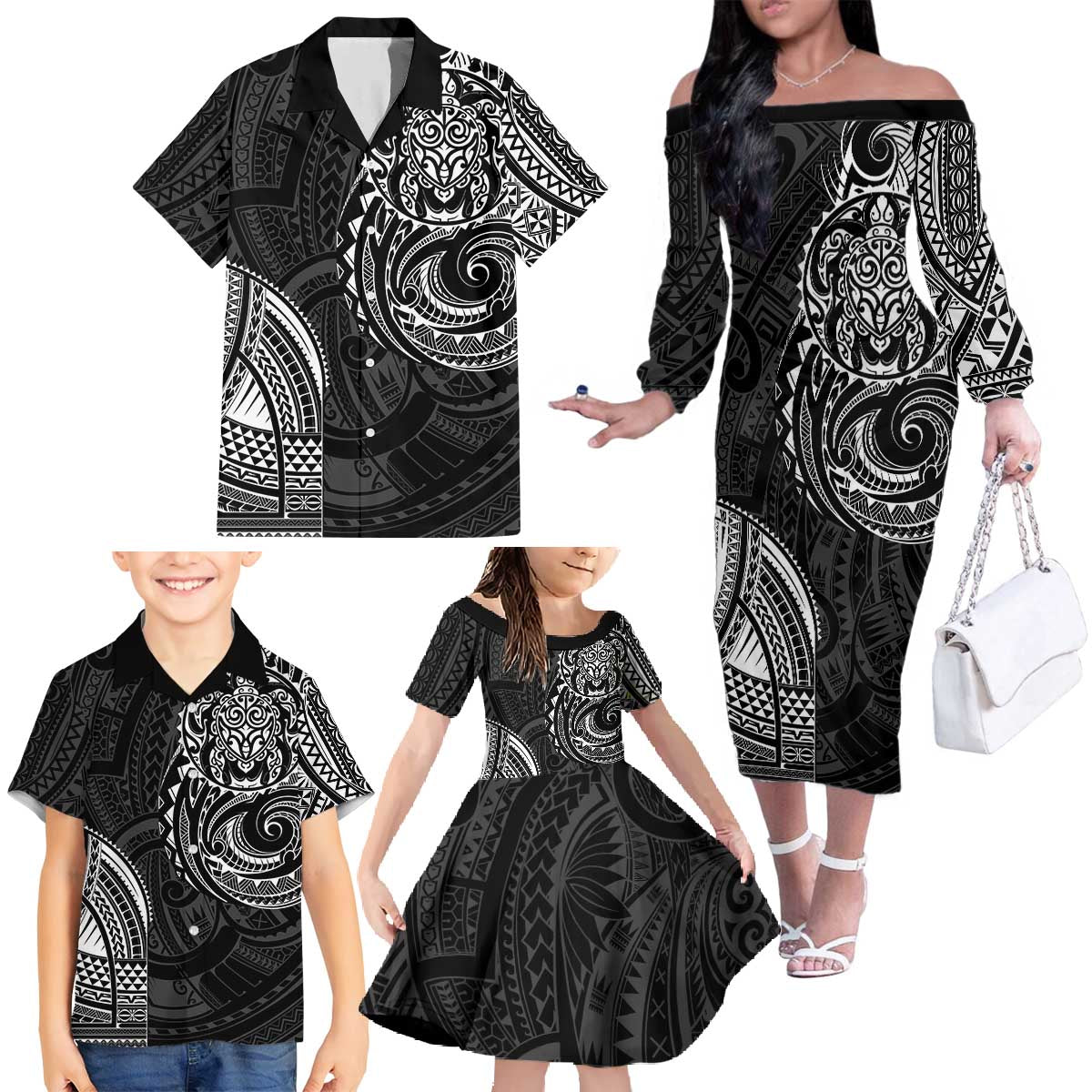 Polynesian Turtle Tribal Tattoo Family Matching Off The Shoulder Long Sleeve Dress and Hawaiian Shirt Black Style LT9 - Polynesian Pride