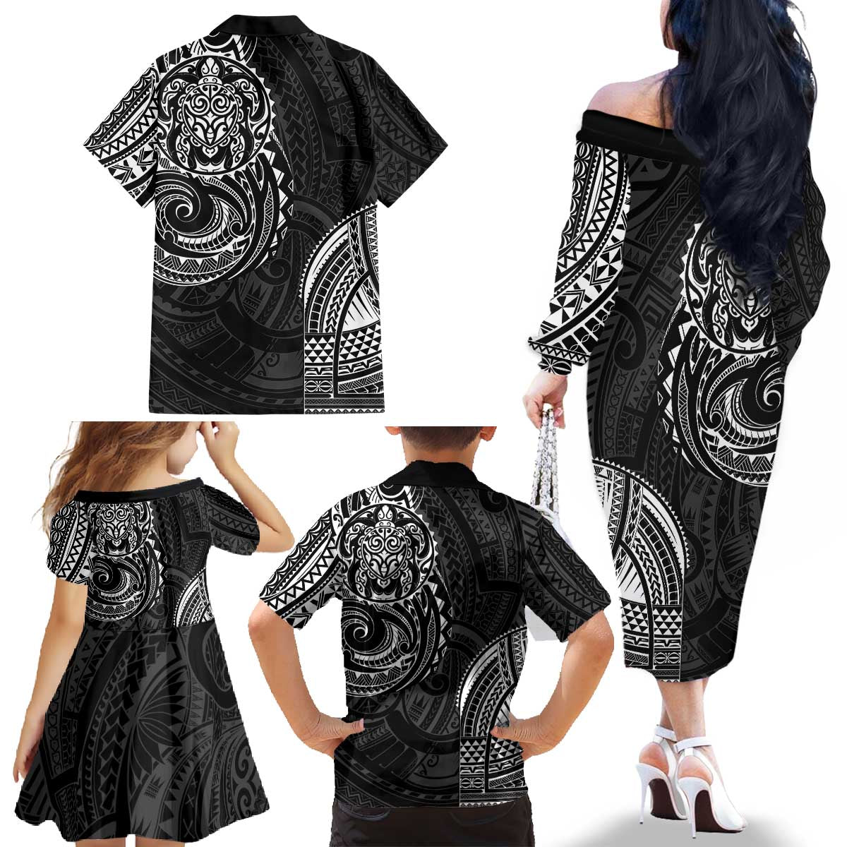 Polynesian Turtle Tribal Tattoo Family Matching Off The Shoulder Long Sleeve Dress and Hawaiian Shirt Black Style LT9 - Polynesian Pride