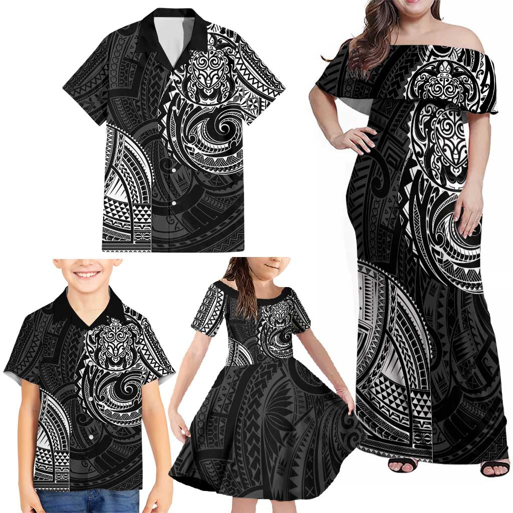 Polynesian Turtle Tribal Tattoo Family Matching Off Shoulder Maxi Dress and Hawaiian Shirt Black Style LT9 - Polynesian Pride