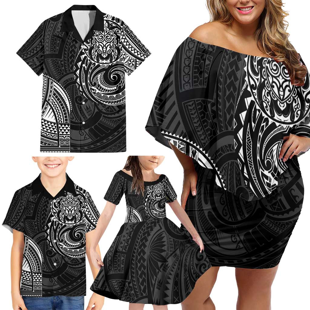 Polynesian Turtle Tribal Tattoo Family Matching Off Shoulder Short Dress and Hawaiian Shirt Black Style LT9 - Polynesian Pride