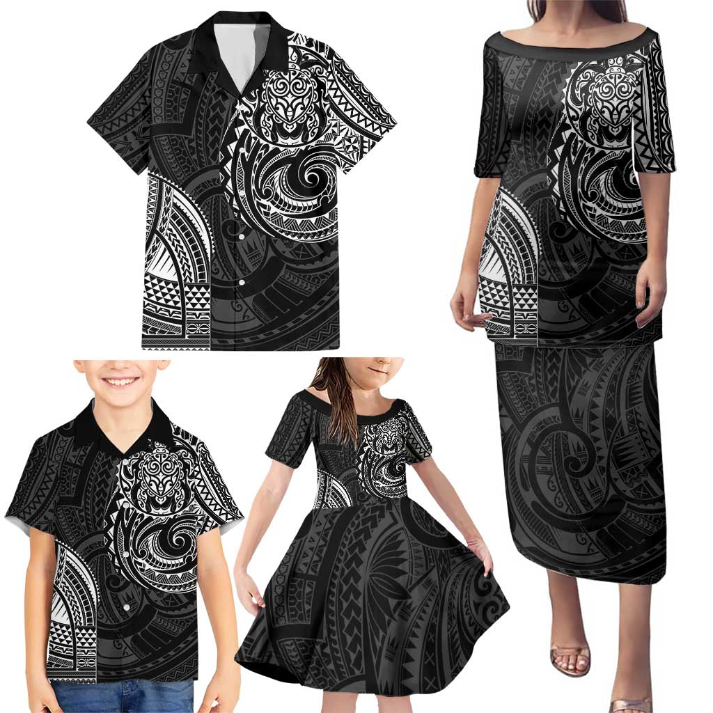 Polynesian Turtle Tribal Tattoo Family Matching Puletasi and Hawaiian Shirt Black Style