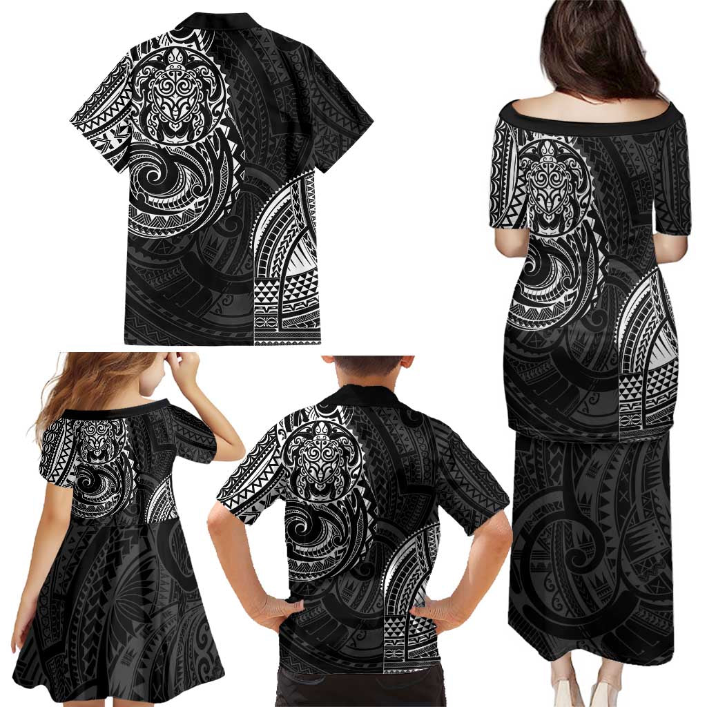 Polynesian Turtle Tribal Tattoo Family Matching Puletasi and Hawaiian Shirt Black Style