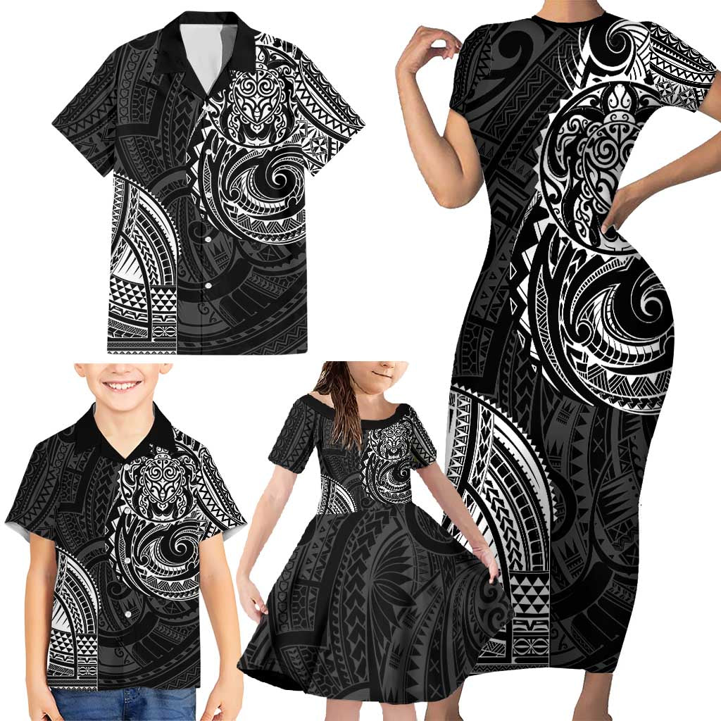 Polynesian Turtle Tribal Tattoo Family Matching Short Sleeve Bodycon Dress and Hawaiian Shirt Black Style LT9 - Polynesian Pride