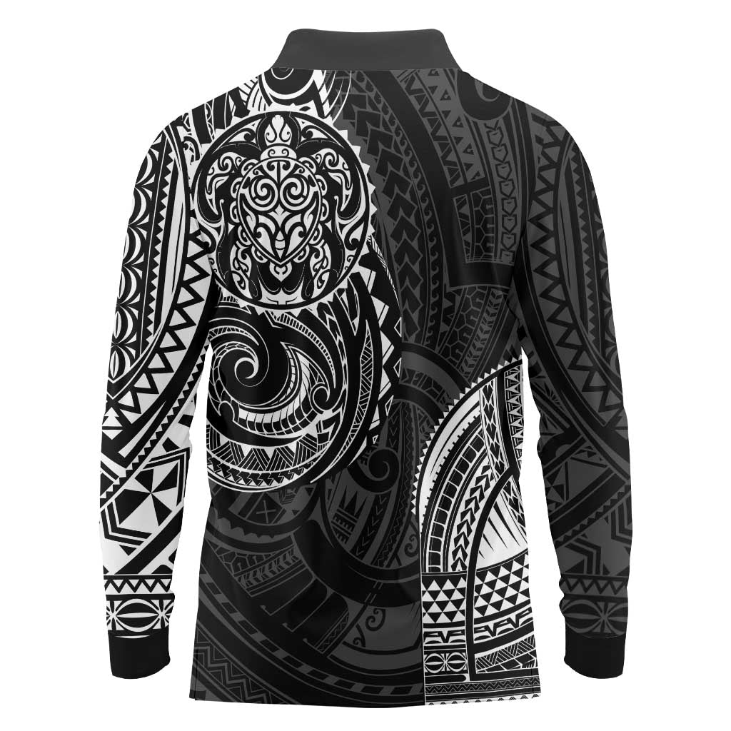 Polynesian Turtle Tribal Tattoo Long Sleeve Polo Shirt Black Style