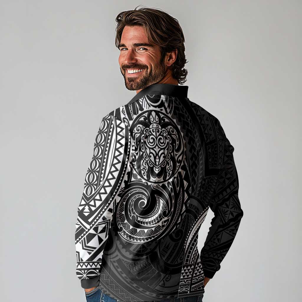 Polynesian Turtle Tribal Tattoo Long Sleeve Polo Shirt Black Style