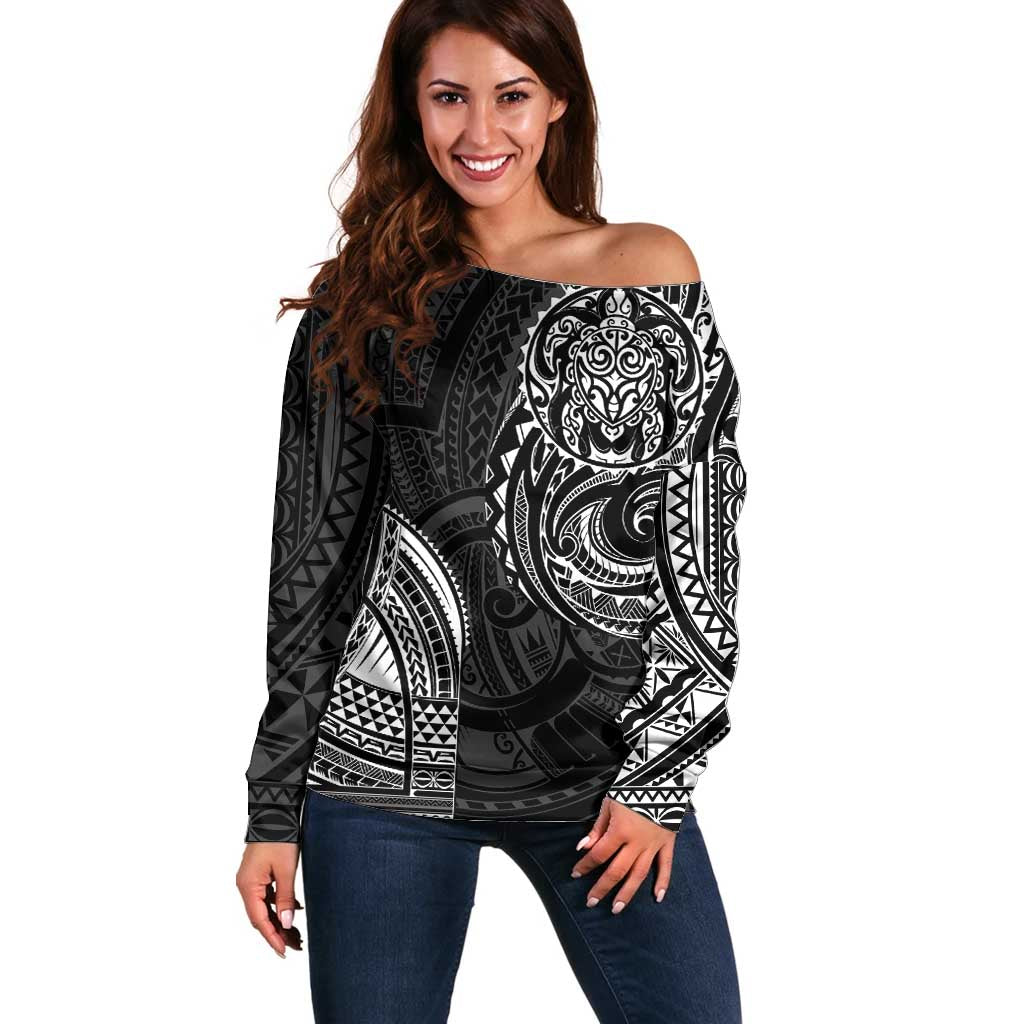 Polynesian Turtle Tribal Tattoo Off Shoulder Sweater Black Style LT9 Women Black - Polynesian Pride