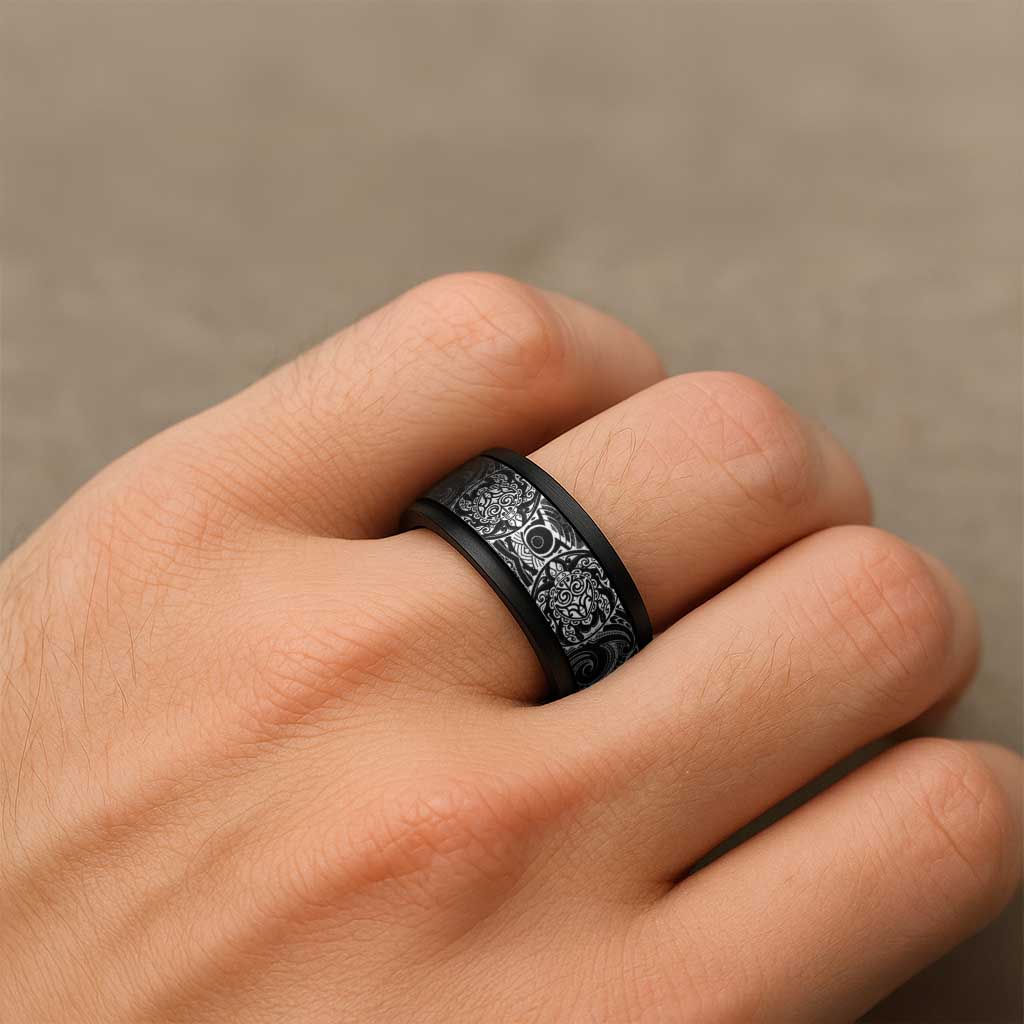 Polynesian Turtle Tribal Tattoo Spinner Ring Black Style - Polynesian Pride