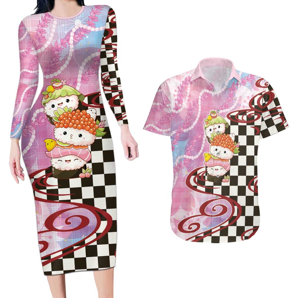 Personalized Japanese Kawaii Sushi Roll Couples Matching Long Sleeve Bodycon Dress and Hawaiian Shirt Wagara Palaka Pattern