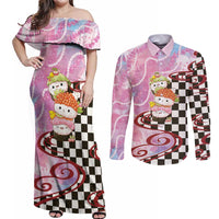 Personalized Japanese Kawaii Sushi Roll Couples Matching Off Shoulder Maxi Dress and Long Sleeve Button Shirt Wagara Palaka Pattern
