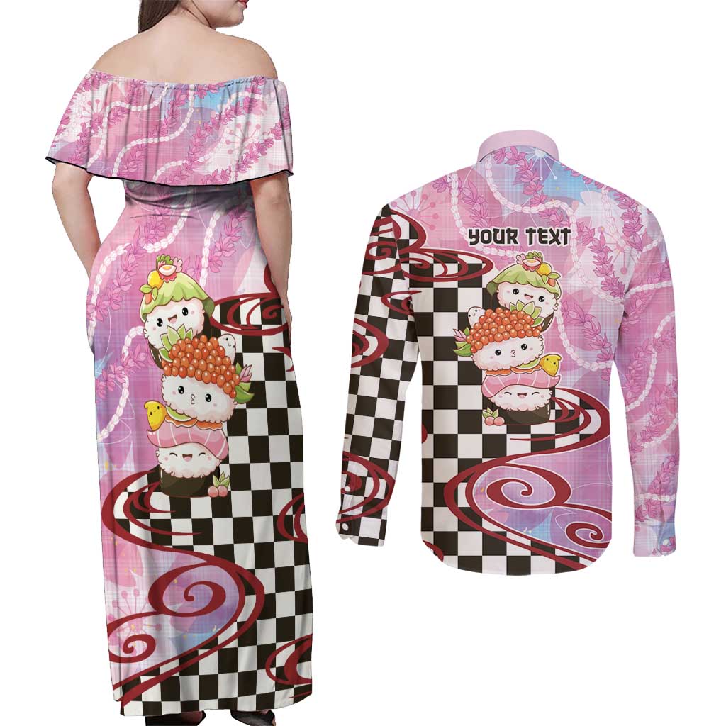 Personalized Japanese Kawaii Sushi Roll Couples Matching Off Shoulder Maxi Dress and Long Sleeve Button Shirt Wagara Palaka Pattern