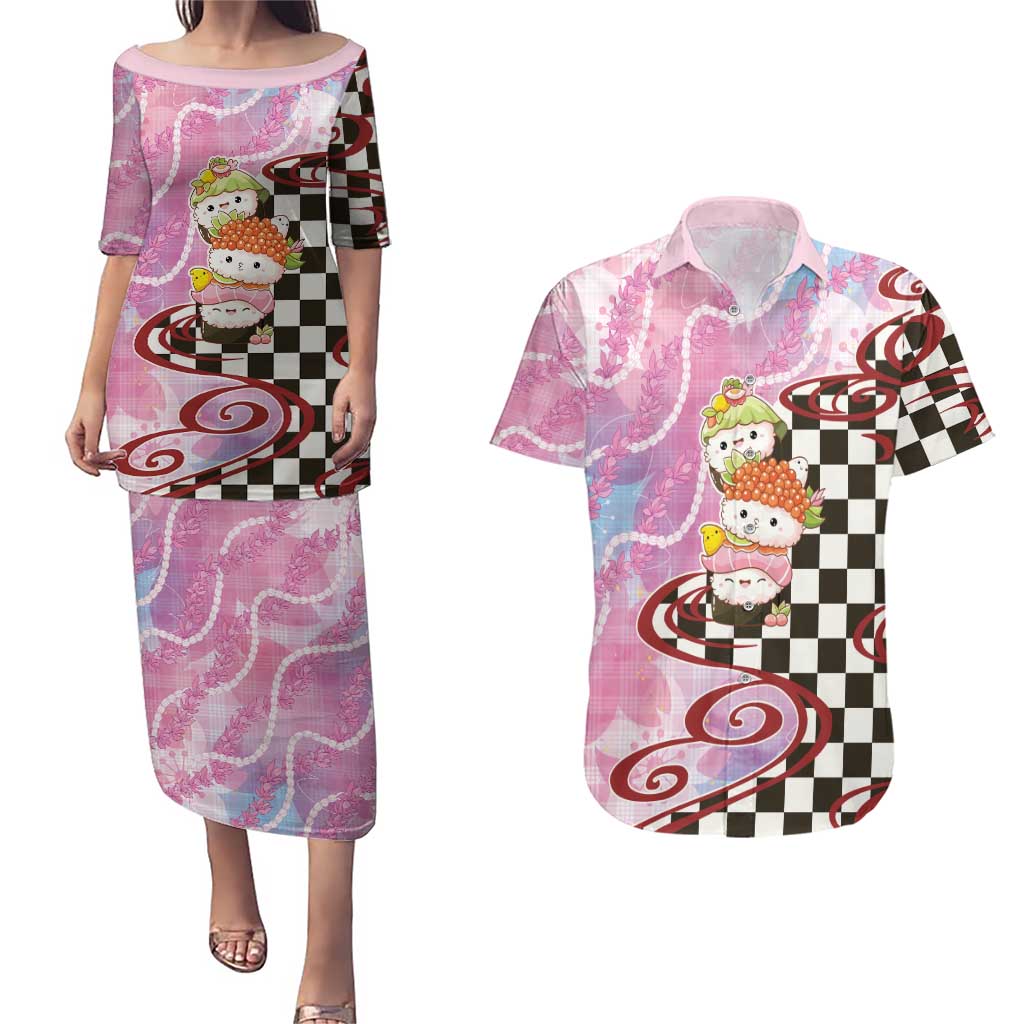 Personalized Japanese Kawaii Sushi Roll Couples Matching Puletasi and Hawaiian Shirt Wagara Palaka Pattern