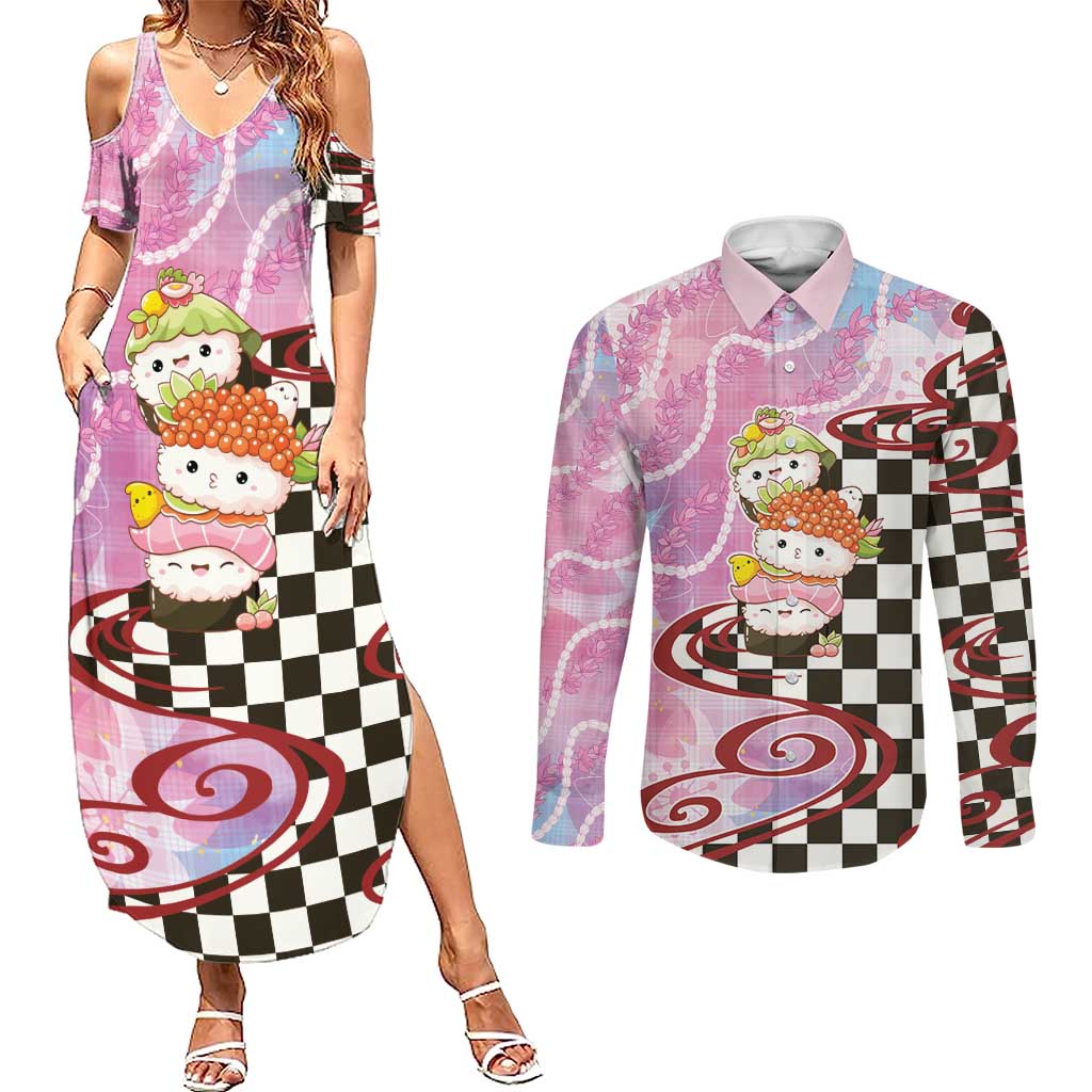 Personalized Japanese Kawaii Sushi Roll Couples Matching Summer Maxi Dress and Long Sleeve Button Shirt Wagara Palaka Pattern
