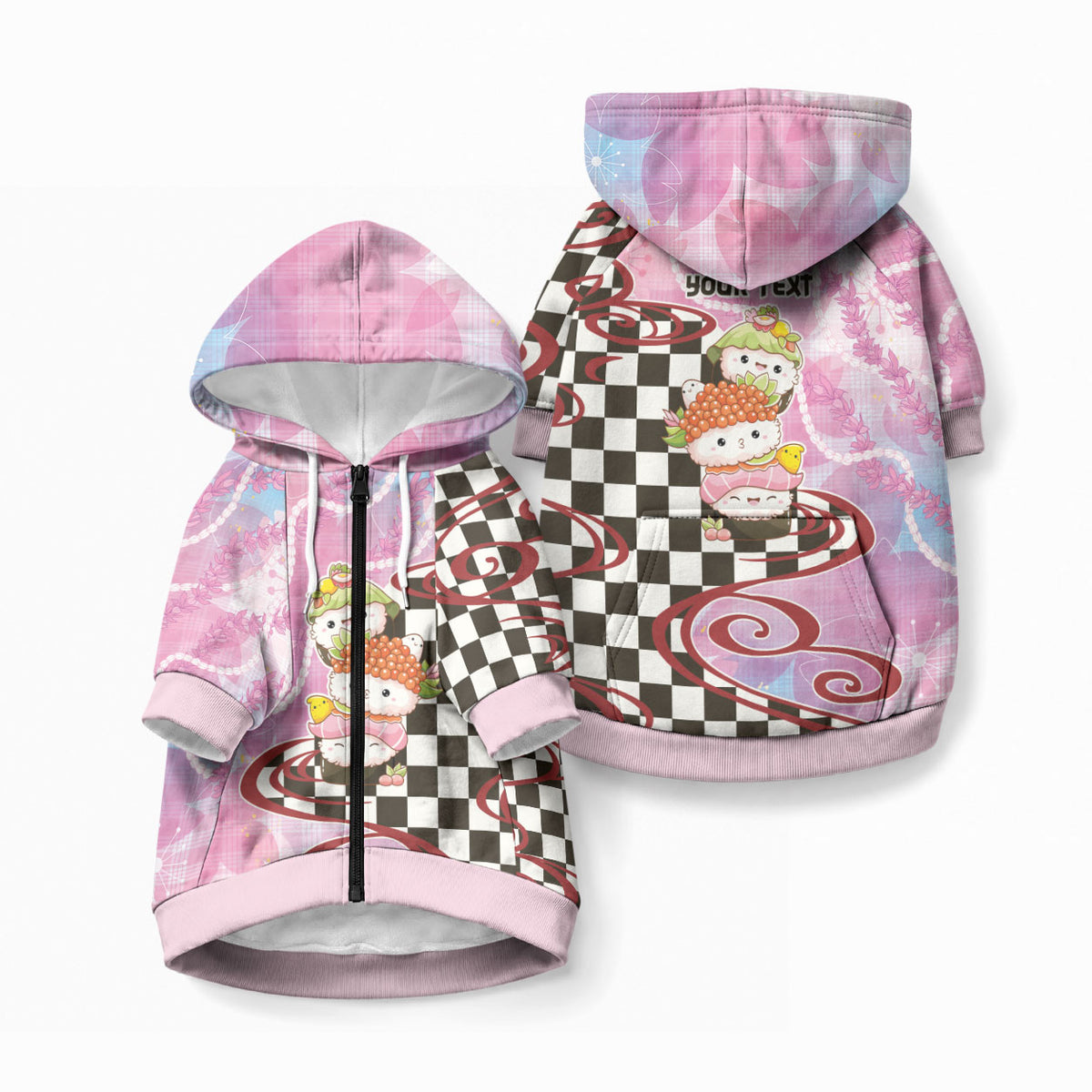 Personalized Japanese Kawaii Sushi Roll Pet Hoodie Wagara Palaka Pattern LT9 Zip-up Pink - Polynesian Pride