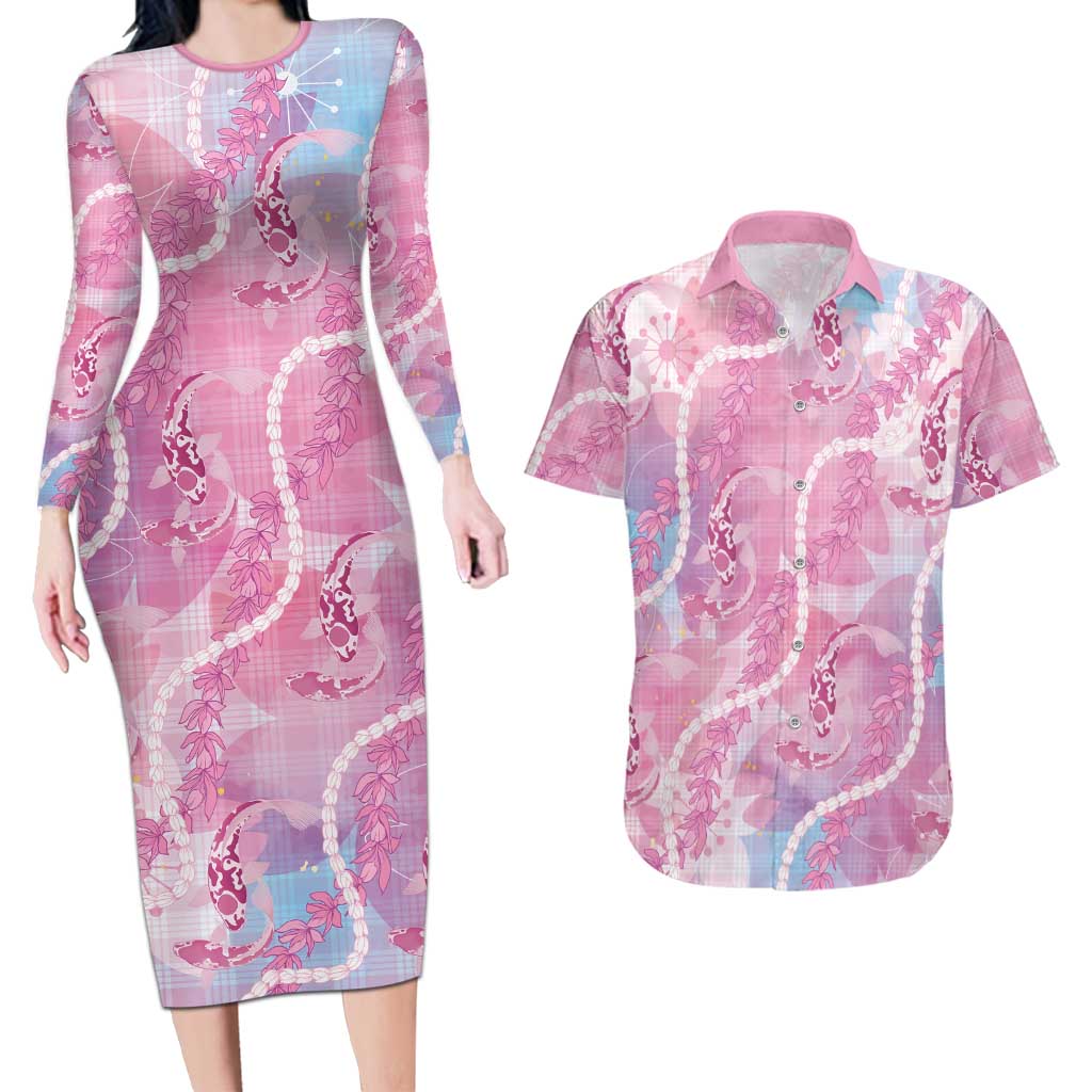 Japanese Koi Fish Couples Matching Long Sleeve Bodycon Dress and Hawaiian Shirt Pink Wagara Palaka Honohono Pikake Lei LT9 Pink - Polynesian Pride
