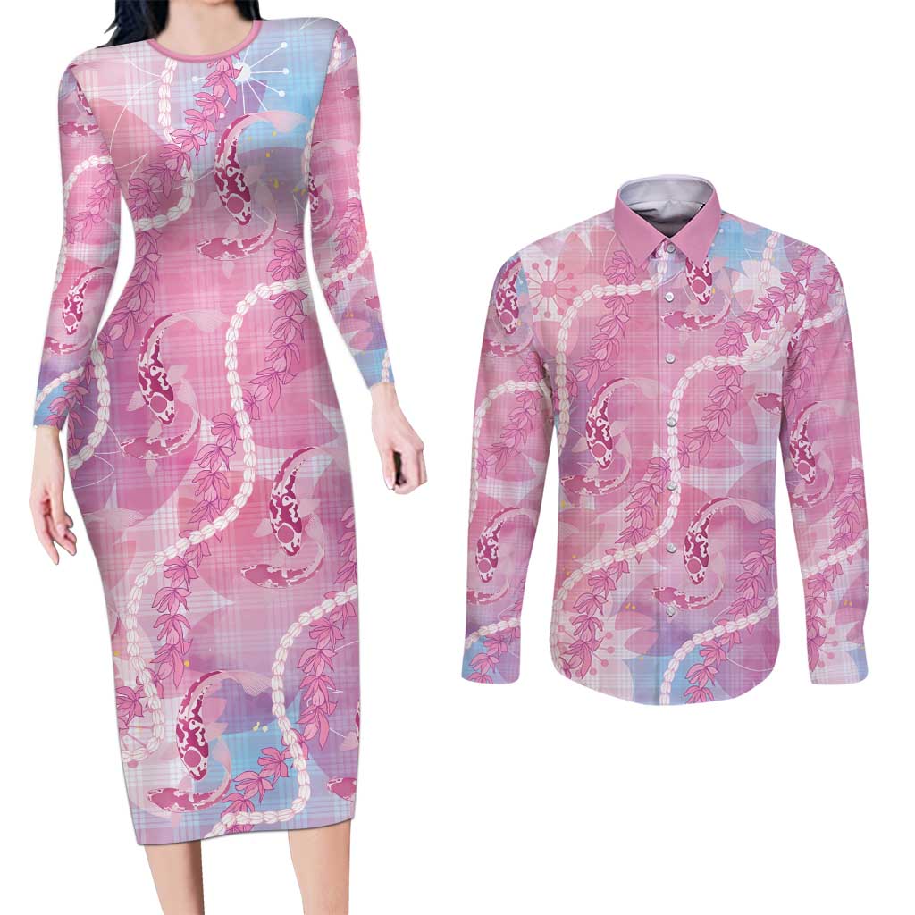 Japanese Koi Fish Couples Matching Long Sleeve Bodycon Dress and Long Sleeve Button Shirt Pink Wagara Palaka Honohono Pikake Lei