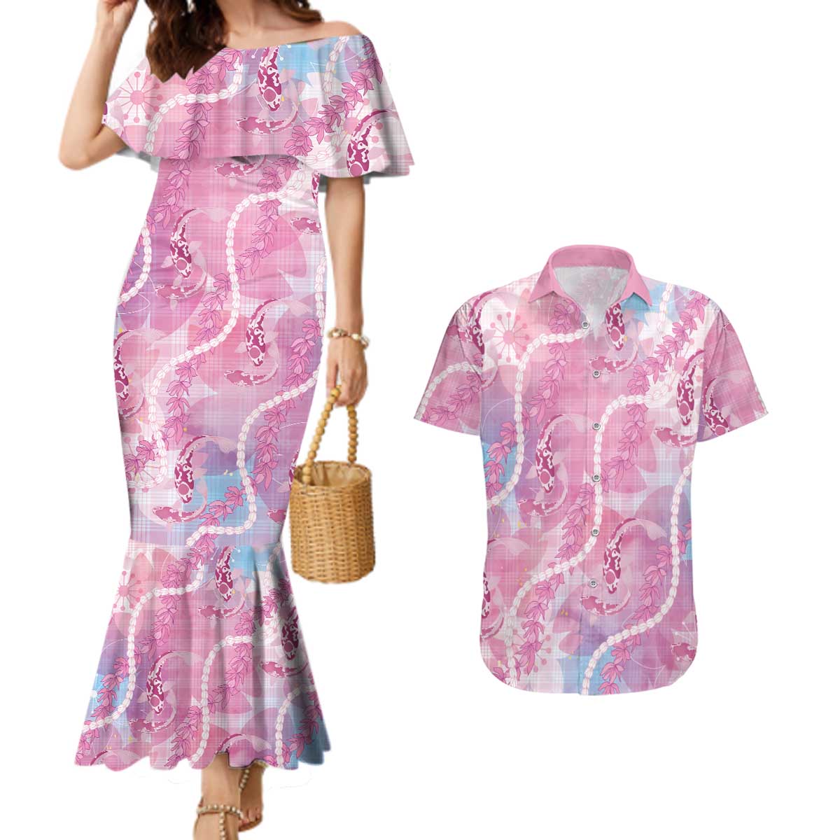 Japanese Koi Fish Couples Matching Mermaid Dress and Hawaiian Shirt Pink Wagara Palaka Honohono Pikake Lei LT9 Pink - Polynesian Pride