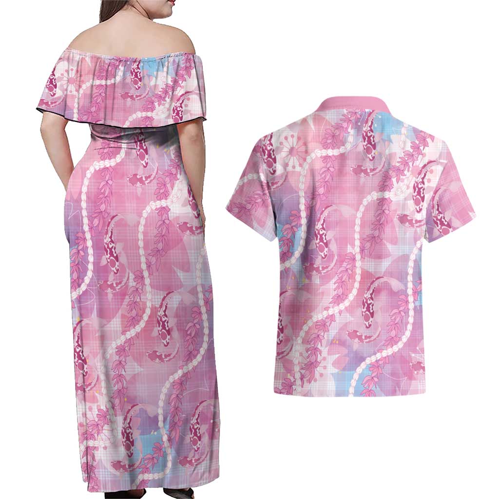 Japanese Koi Fish Couples Matching Off Shoulder Maxi Dress and Hawaiian Shirt Pink Wagara Palaka Honohono Pikake Lei LT9 - Polynesian Pride