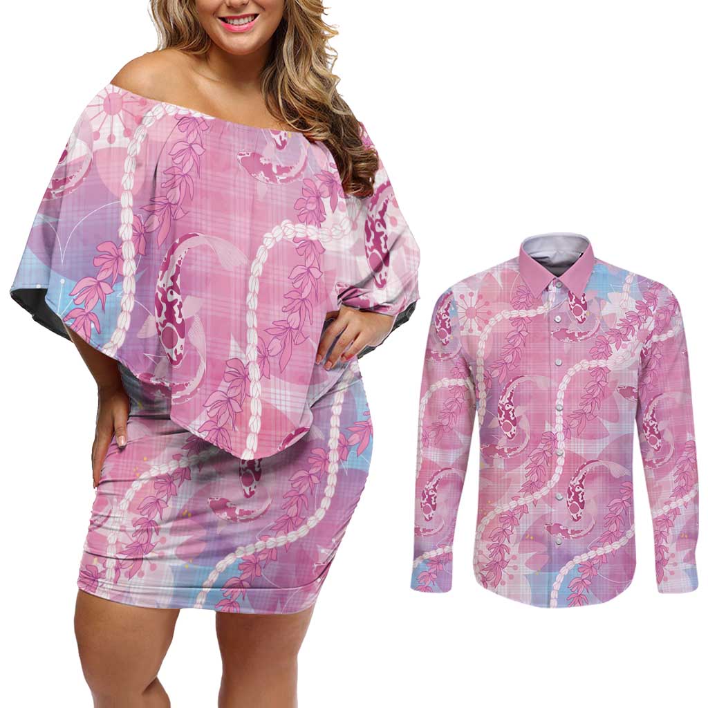 Japanese Koi Fish Couples Matching Off Shoulder Short Dress and Long Sleeve Button Shirt Pink Wagara Palaka Honohono Pikake Lei