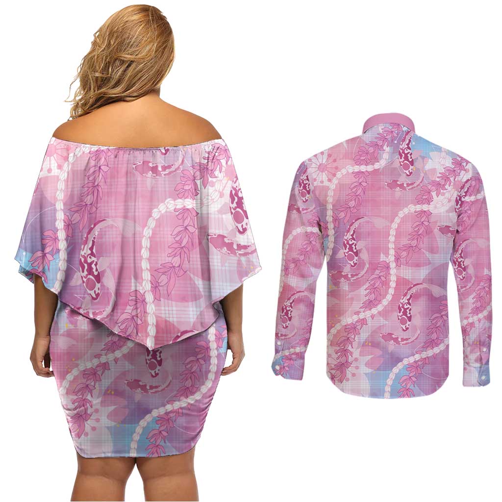 Japanese Koi Fish Couples Matching Off Shoulder Short Dress and Long Sleeve Button Shirt Pink Wagara Palaka Honohono Pikake Lei