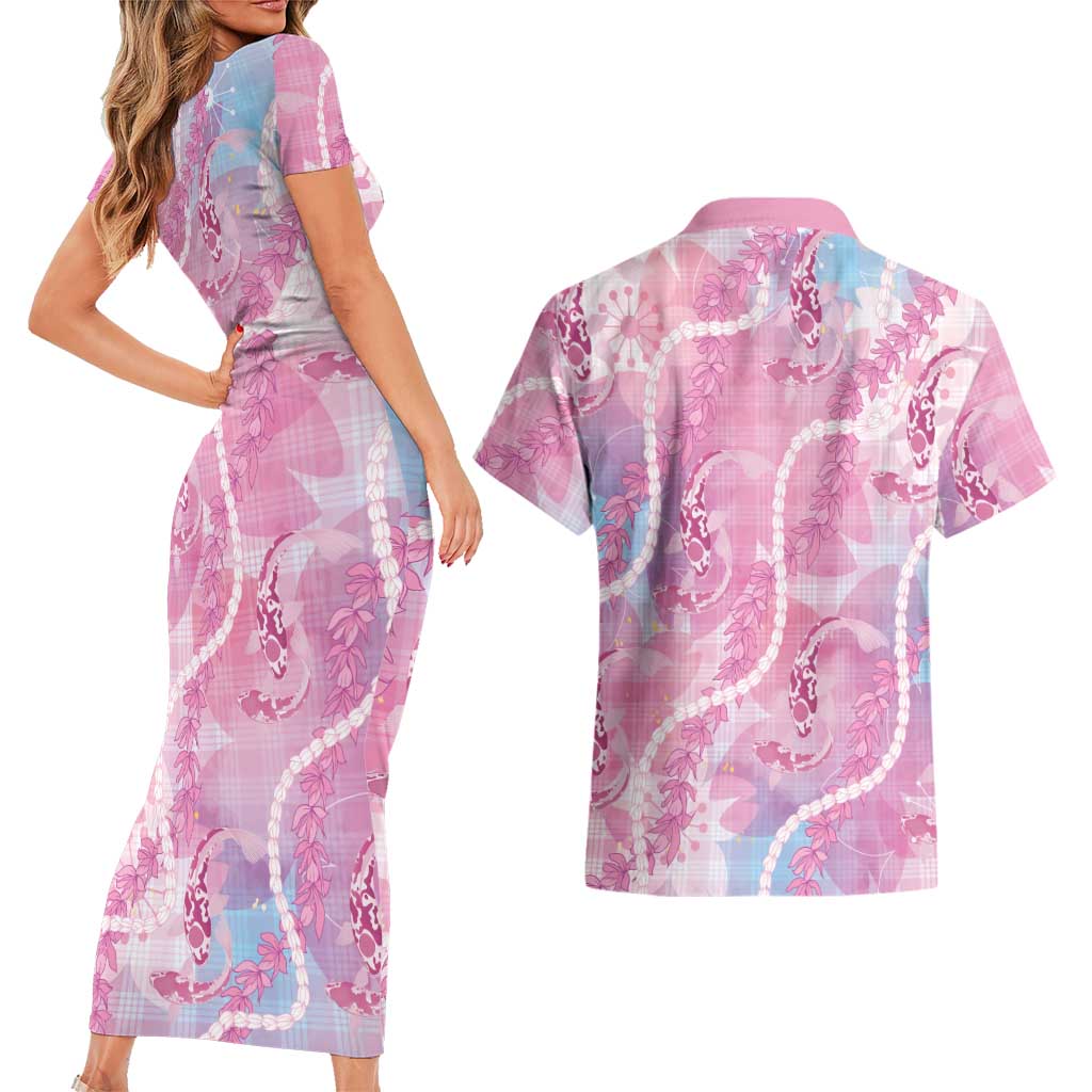 Japanese Koi Fish Couples Matching Short Sleeve Bodycon Dress and Hawaiian Shirt Pink Wagara Palaka Honohono Pikake Lei LT9 - Polynesian Pride